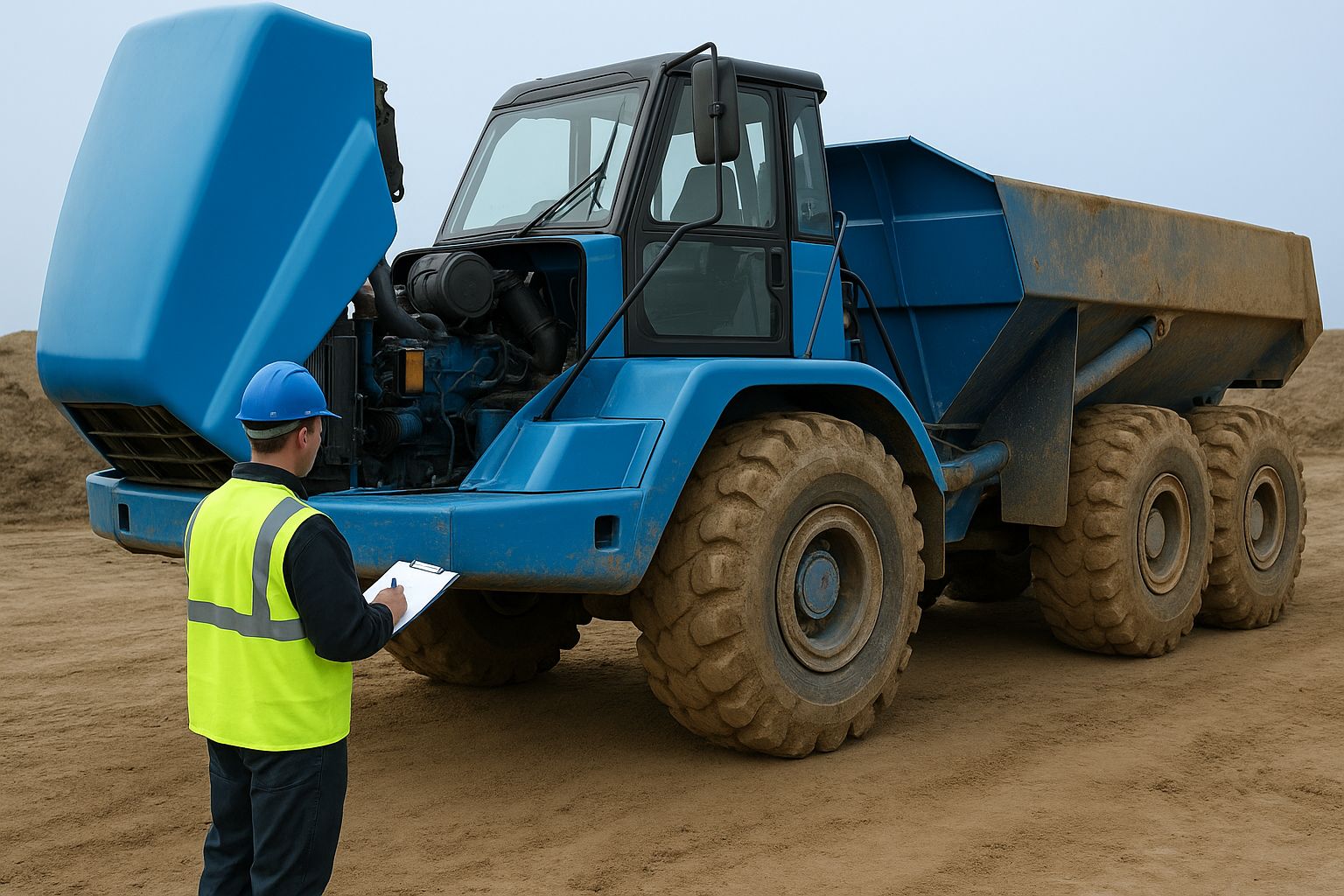 Sicherheitsinspektion einer Baumaschine mit Prüfprotokoll auf Baustelle.