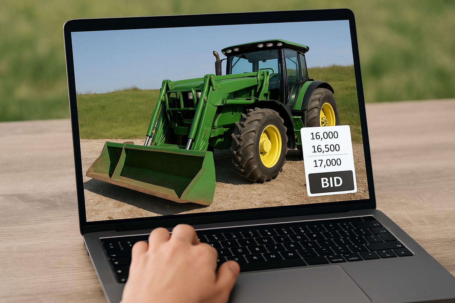 Nahaufnahme eines Tablet-Bildschirms, der eine Online-Auktion für Baumaschinen zeigt.